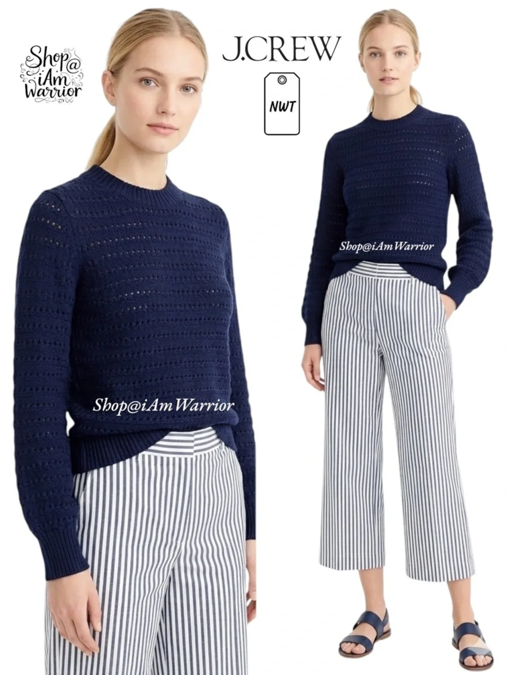 J.Crew NWT navy striped pointelle balloon sleeve cotton blend crewneck sweater